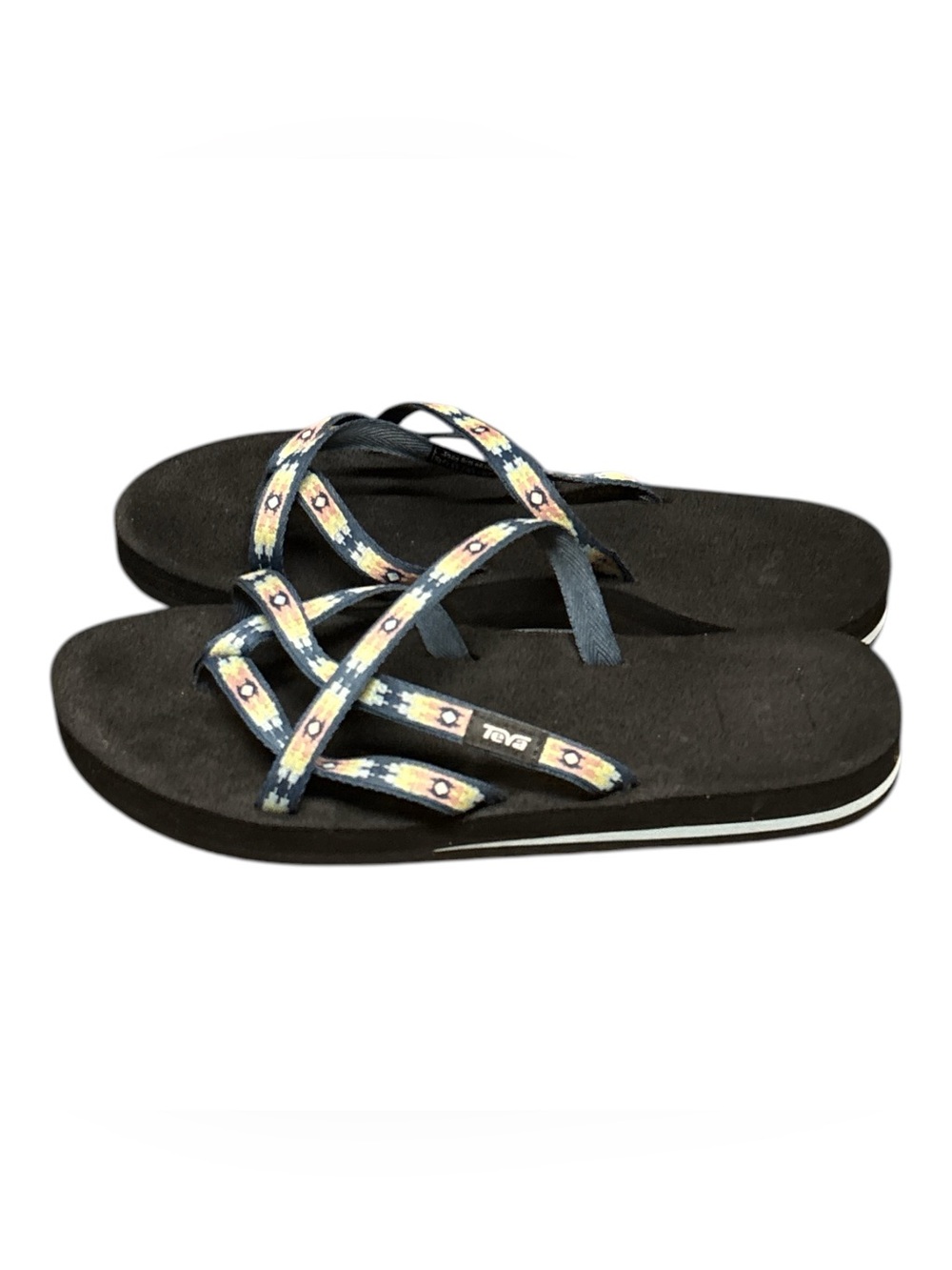 Teva Olowahu Navy Flip Sandals with Multicolor Patterned Straps